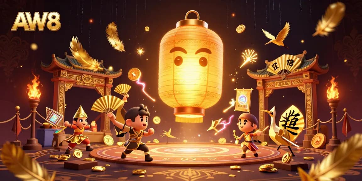 AW8 showcases dynamic gaming action with giant lantern spirit and golden warriors in a vibrant casino