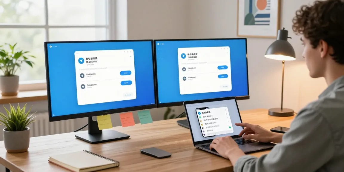 User navigating the Telegram Chinese Version interface on dual-screen setup in a modern home office environment.