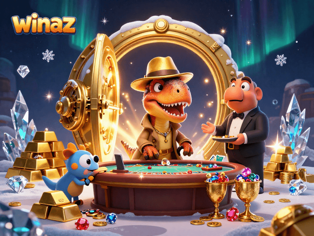 Winaz casino scene with a velociraptor card counter and treasure surrounds, showcasing excitement in gambling.