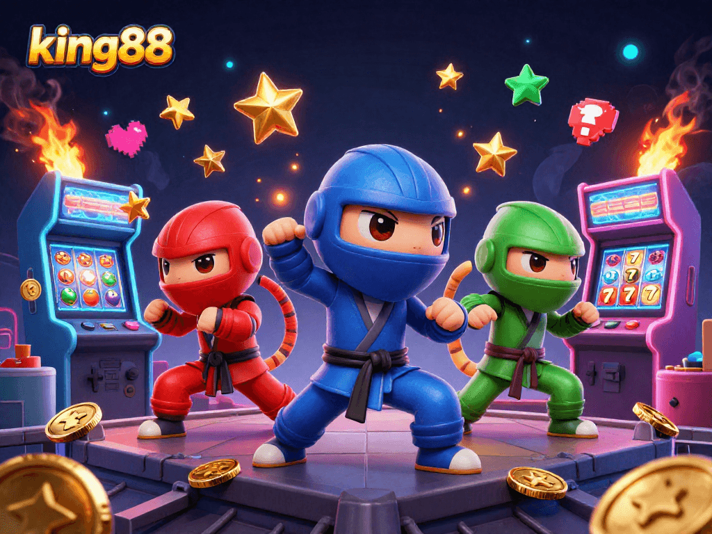 Experience the excitement of king88 with ninja chameleons amidst colorful casino elements.