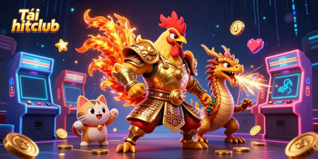 Tải hitclub with dynamic casino gaming elements featuring a fighting rooster and dragon illustration.