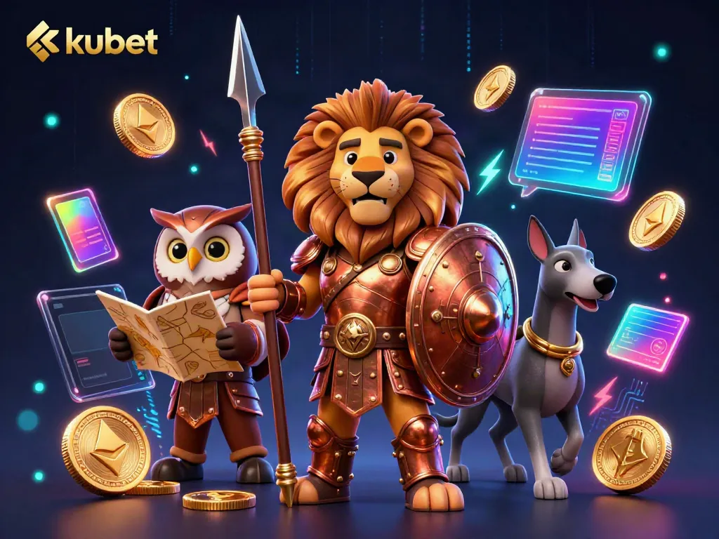 Kubet players strategize with a Spartan lion, wise owl, and swift greyhound amidst glowing crypto coins.