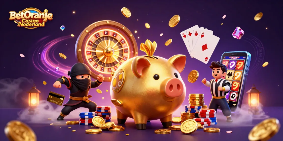 Speel en win met BetOranje Casino Nederland: een kleurrijke 3D-illustratie vol casino-elementen.