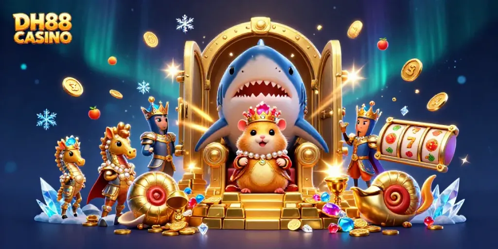 Experience excitement with the vibrant DH88 CASINO throne scene featuring a hamster king and treasure elements.