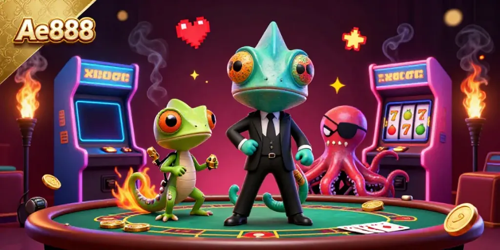 Ae888 showcases a thrilling casino atmosphere with vibrant characters and arcade elements for gamers.