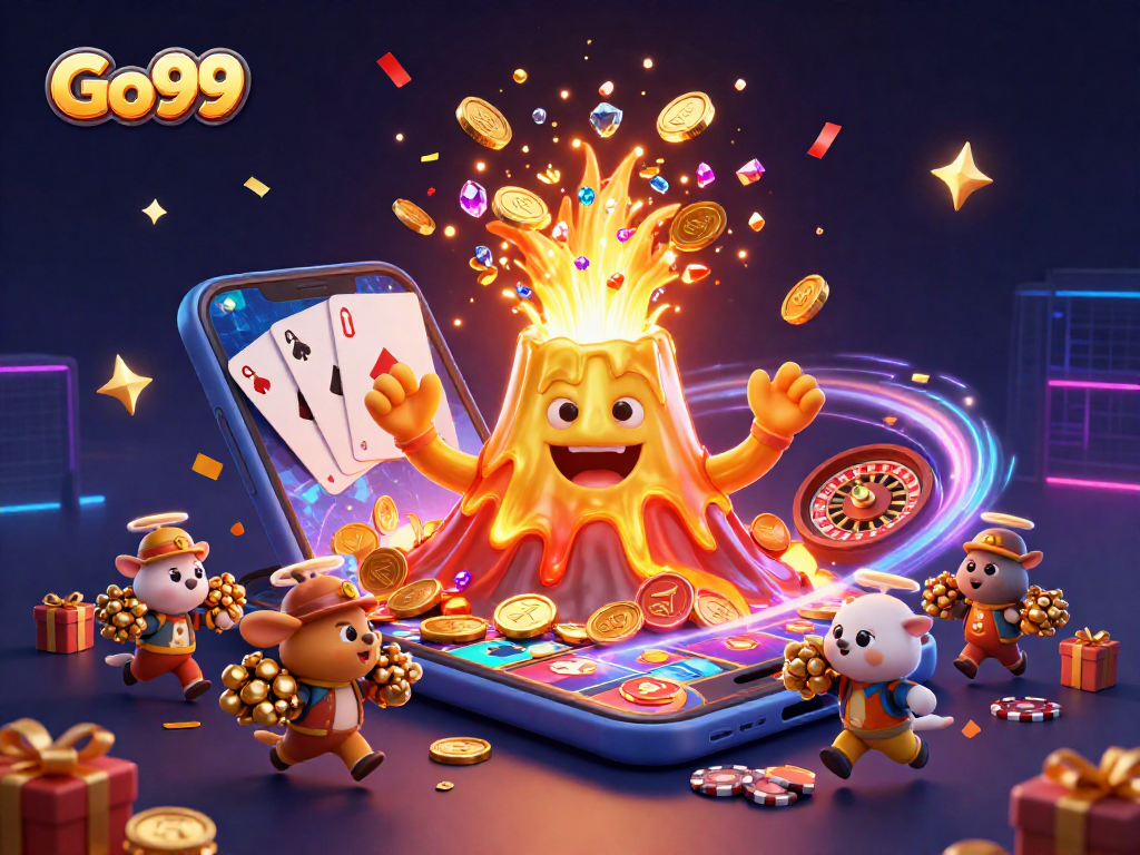 Go99 players enjoy an adventurous treasure hunt in a vibrant casino world filled with coins and treasures.
