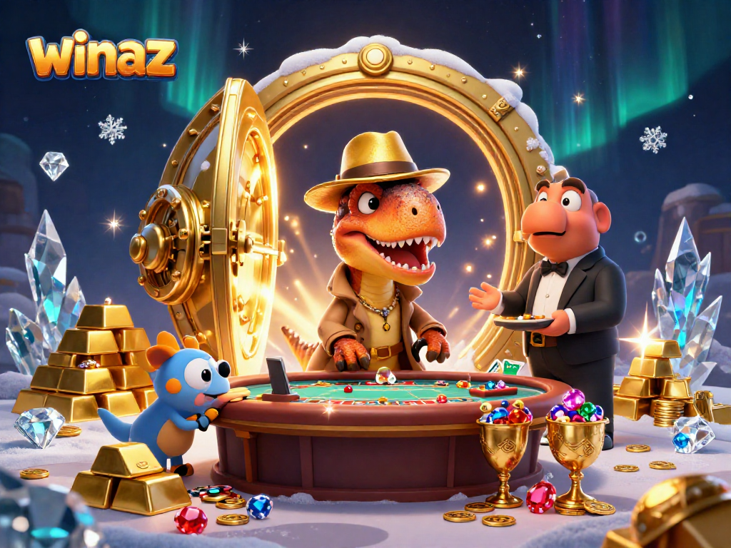 Winaz casino scene with a velociraptor card counter and treasure surrounds, showcasing excitement in gambling.