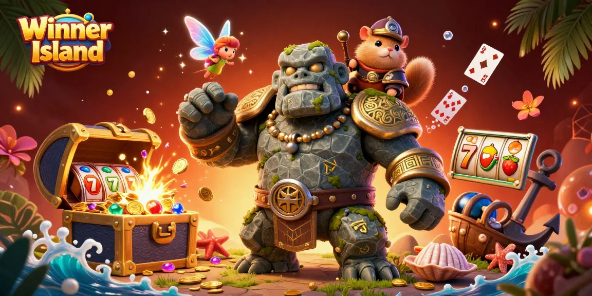 Engage with Winner Island's vibrant casino scenes featuring lively characters and gaming elements.