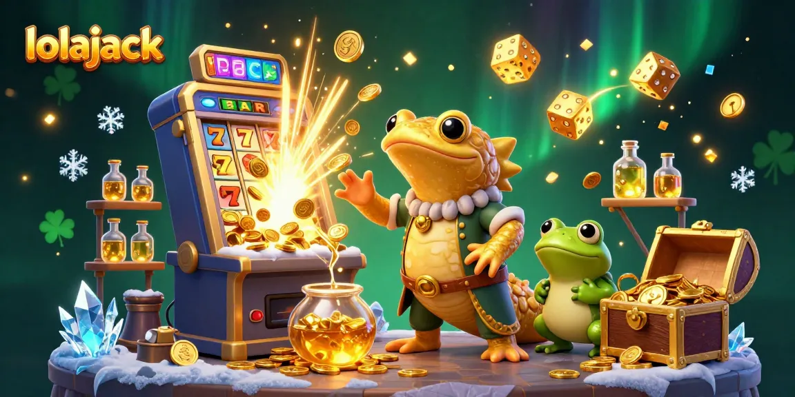 Experience the excitement of lolajack with a vibrant gold-filled casino illustration featuring an alchemist and his helpers.