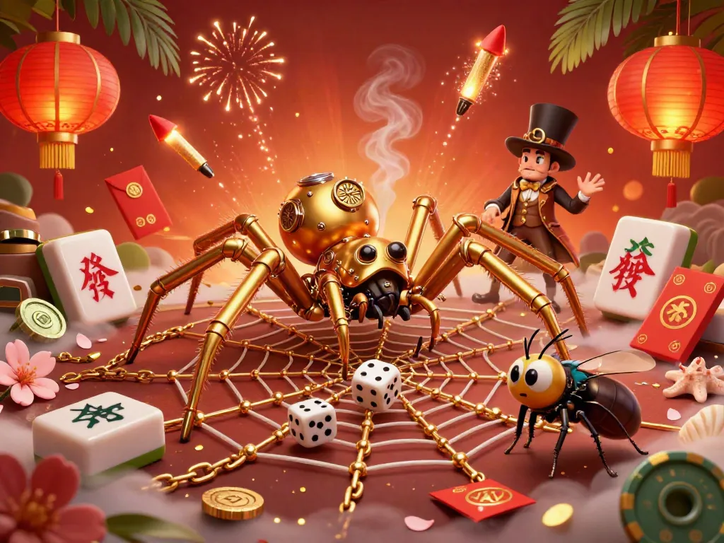 Ae888 features a steampunk spider trapping dice, surrounded by casino elements and festive decorations.