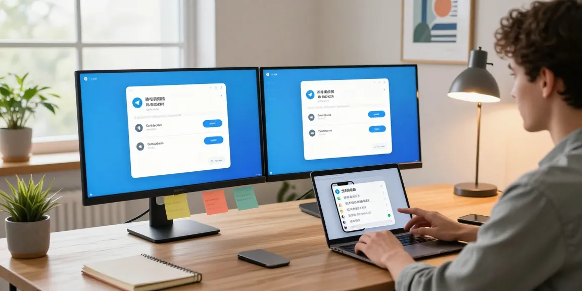 User navigating the Telegram Chinese Version interface on dual-screen setup in a modern home office environment.
