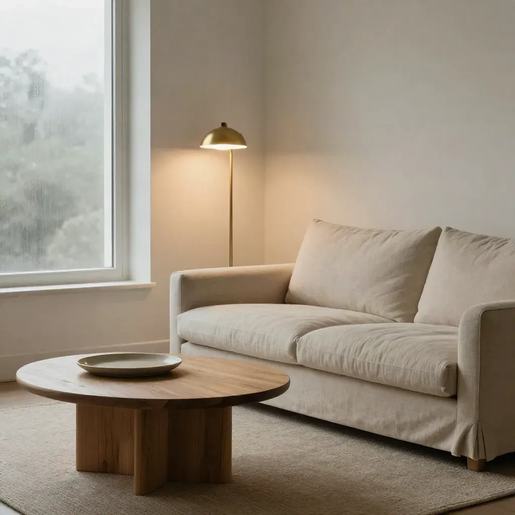 Beige bank, ronde houten tafel en brass vloerlamp in warme zithoek met zachte haze.