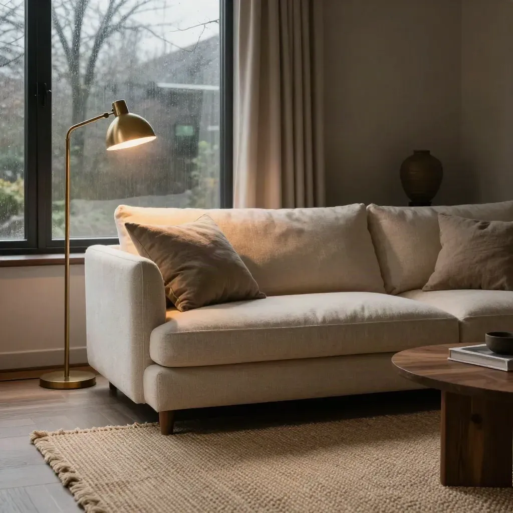 Beige hoekbank met walnoottafel en brass lamp in zacht avondlicht.