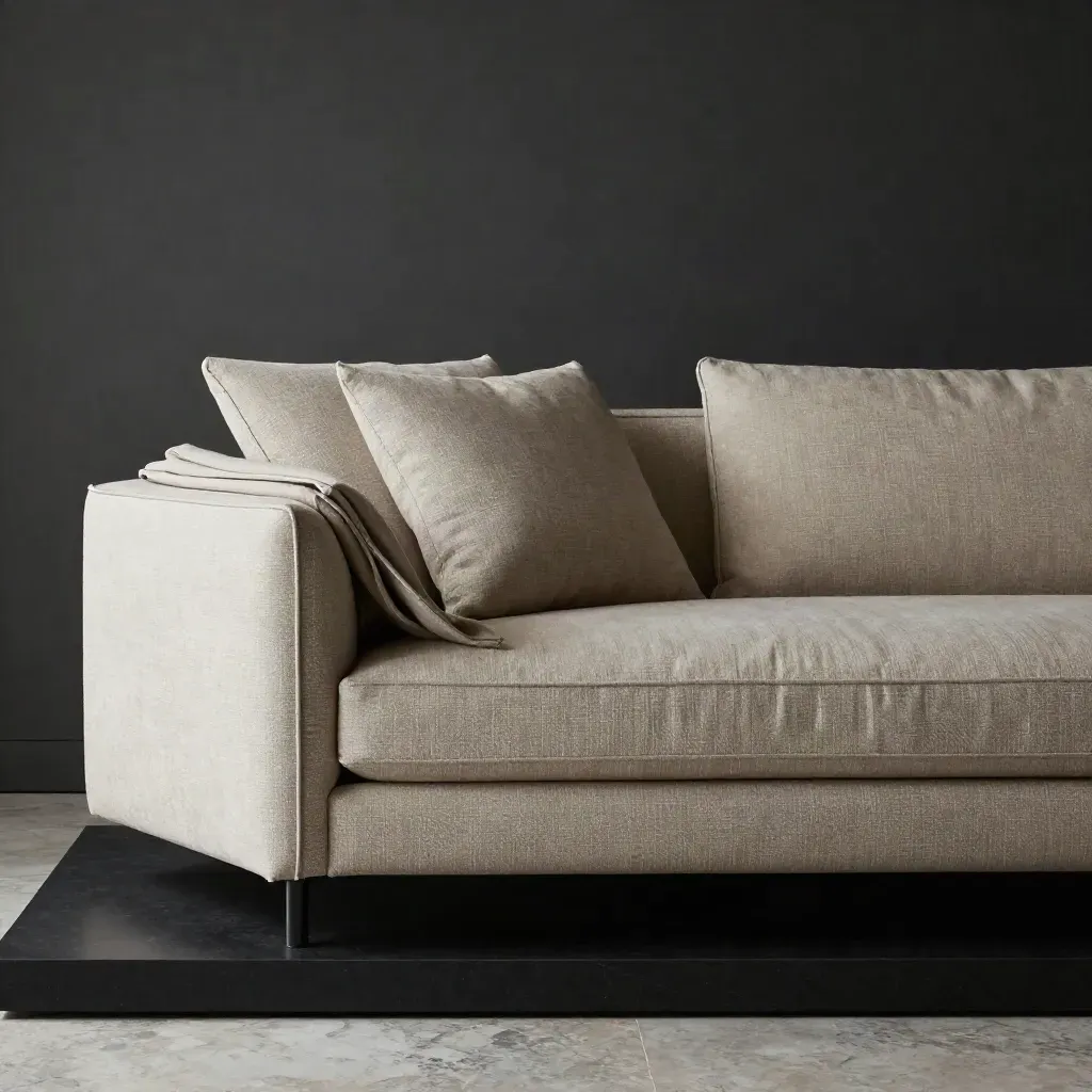 Charcoal-beige 3-zitsbank met plaid, dramatisch uitgelicht in een donkere studio.