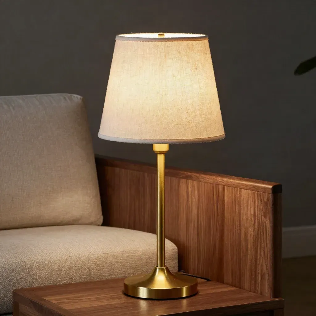 Close-up van een brass vloerlamp met linnen kap naast een bankhoek.