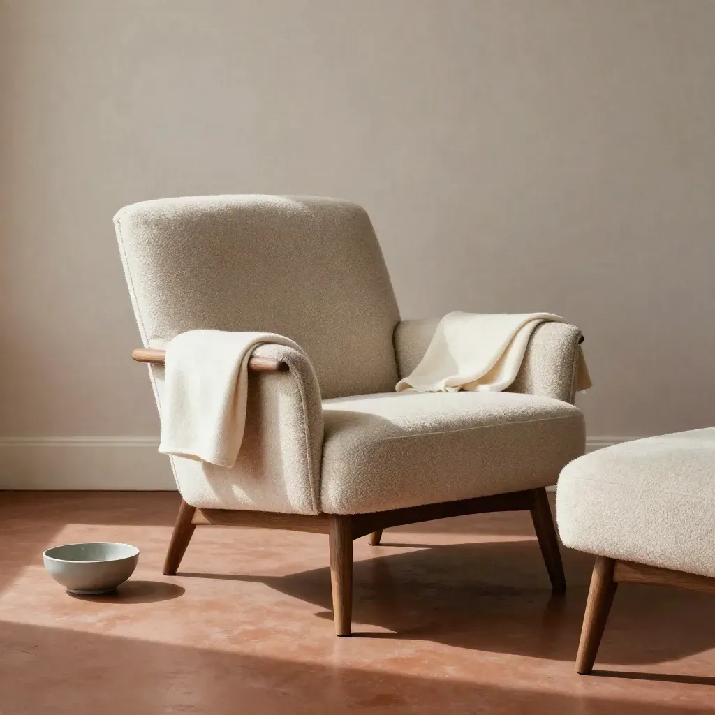Bouclé lounge stoel Finn met walnootpoten, plaid en schaal op warme terracottavloer.