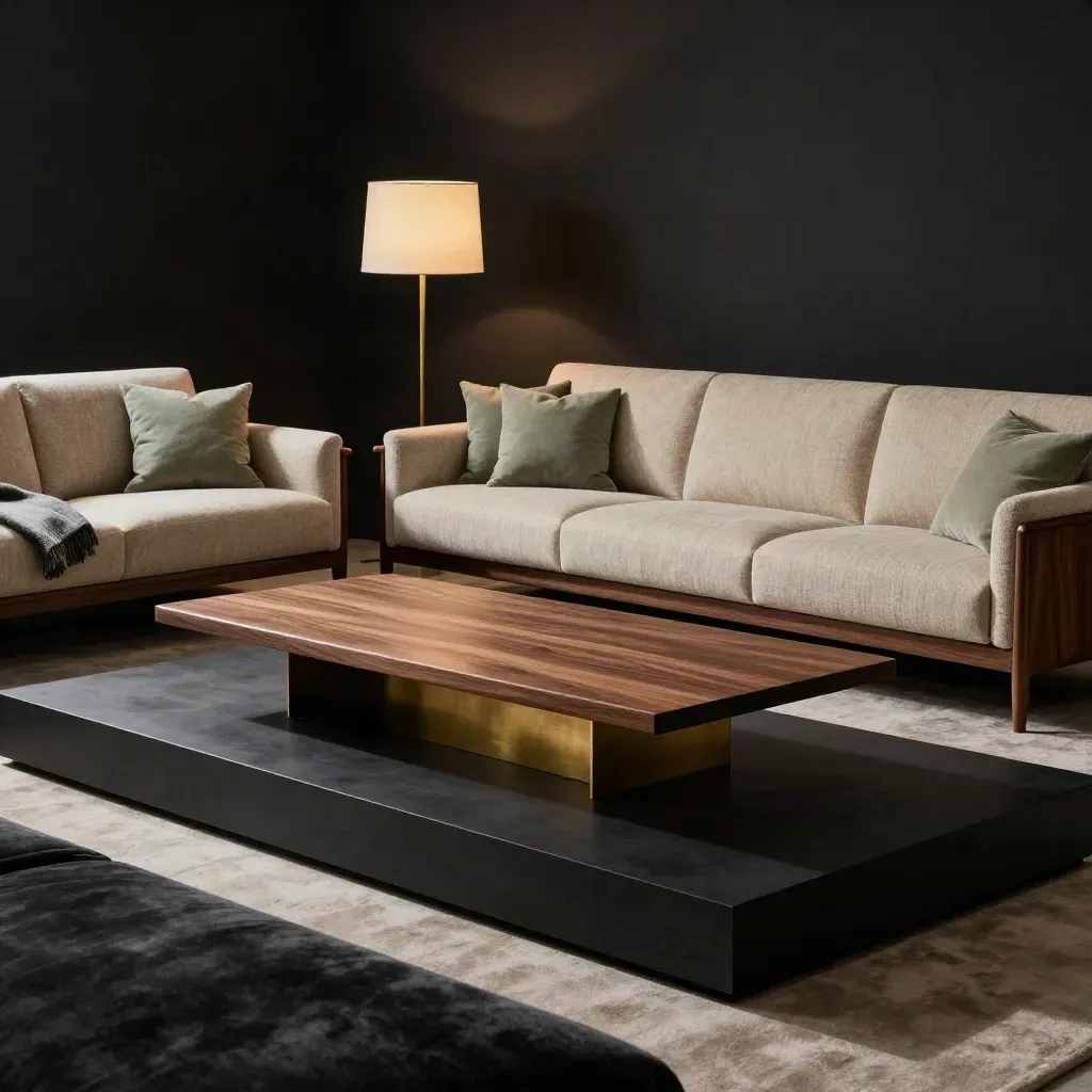 Drie lounge-elementen in warm hout, brass en sage op een donkere studio-opstelling.