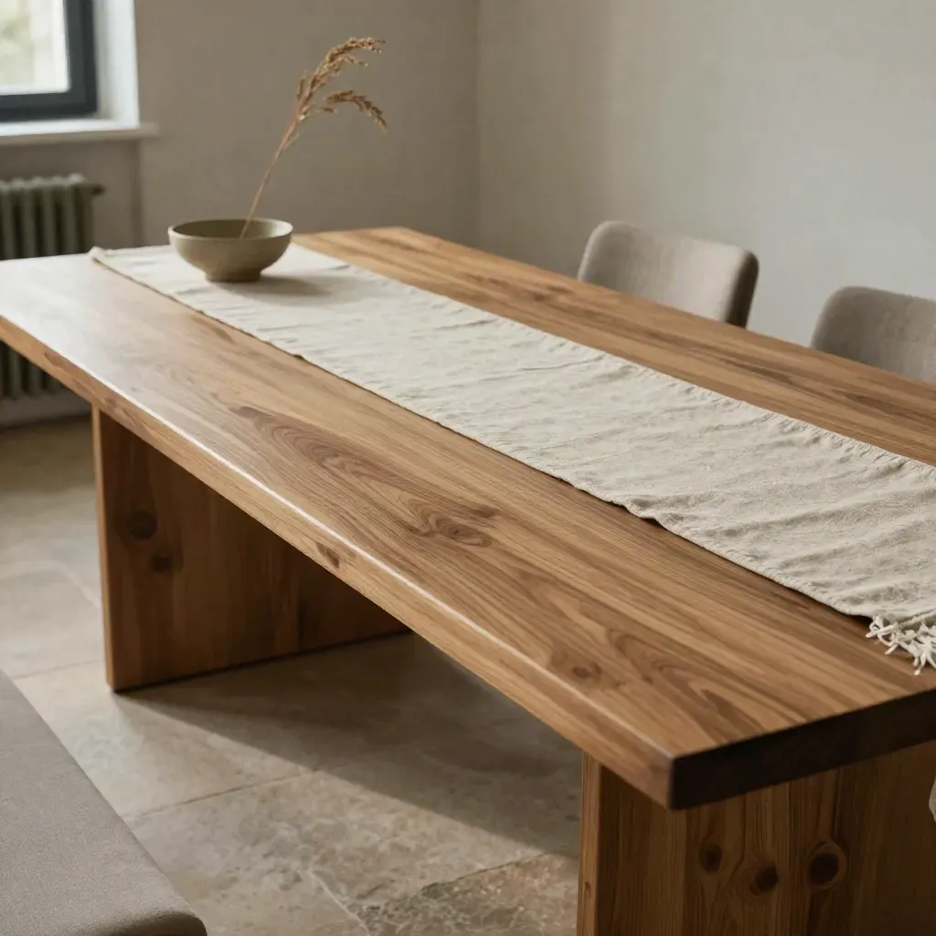 Lange eettafel van massief hout met linnen loper en twee stoelen in zacht daglicht.
