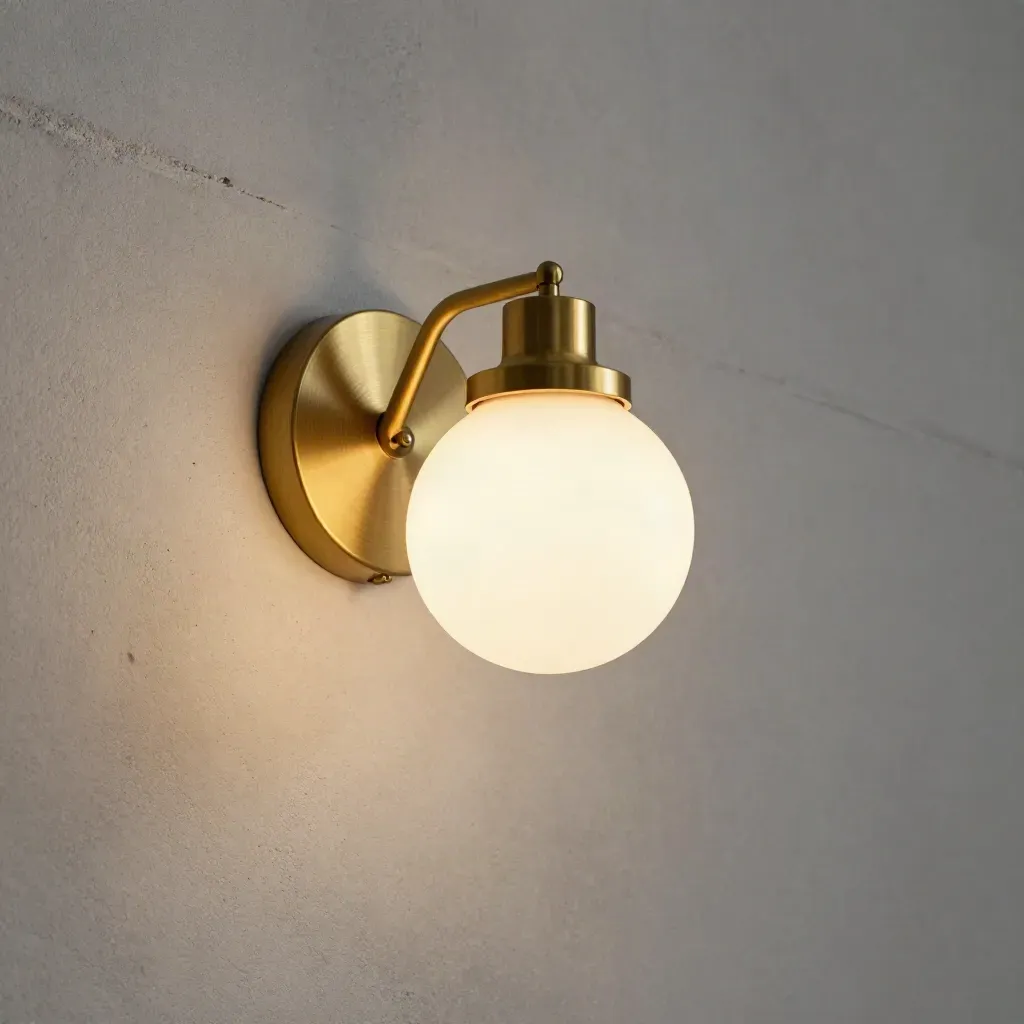 Close-up van een messing wandlamp die zacht licht over een betonnen muur werpt.
