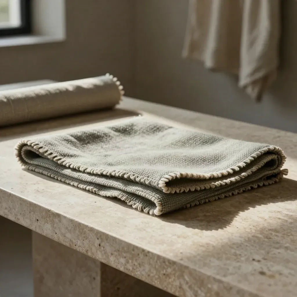 Textuur van een kalkstenen tafel met opgevouwen wollen vloerkleed en zachte gordijnrand