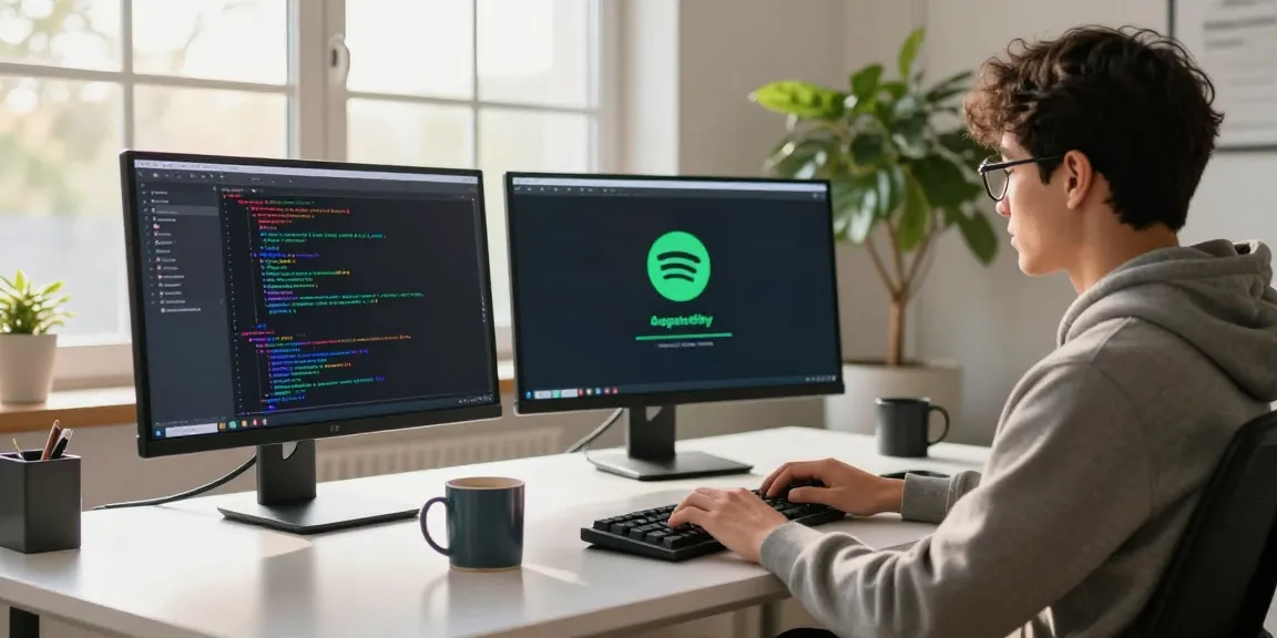 Developer working on spotify mod menu in a modern workspace with dual monitors and coding ambiance.
