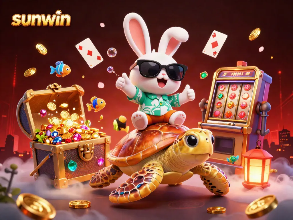 Experience exciting moments at sunwin with a lucky rabbit and golden turtle in a vibrant casino world.