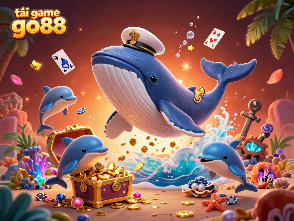 Playful dolphins and a narwhal with a giant whale in a sea of coins, as players tải game go88.
