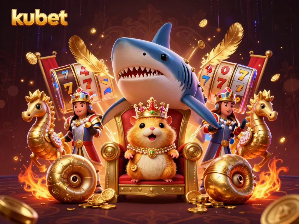 Kubet themed illustration featuring a fierce golden hamster king amidst a lively casino scene.