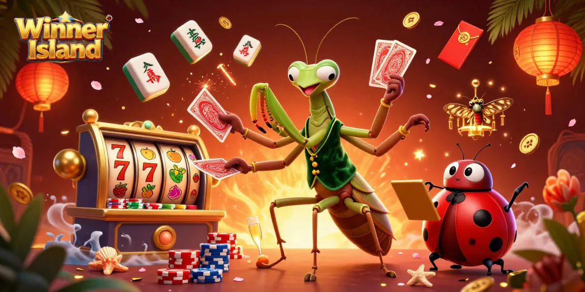 Experience the vibrant atmosphere at Winner Island Casino featuring unique game characters and festive symbols.