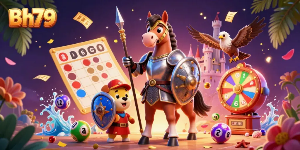 Experience exciting lottery action with Bh79's 3D illustration featuring cartoon knights, bouncing balls, and vibrant game elements.