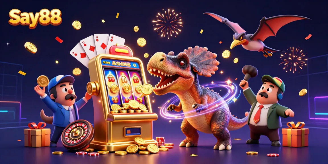 Catch golden coins with Say88 in this exciting casino-themed illustration!