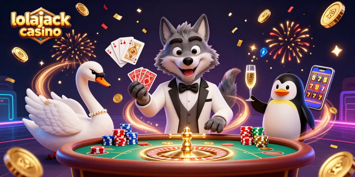 Experience the excitement at lolajack casino with a glamorous baccarat scene featuring a debonair wolf, elegant swan, and sophisticated penguin.