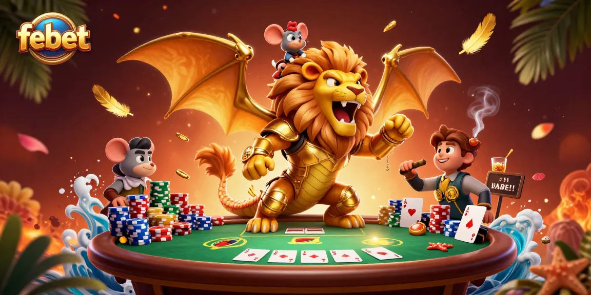 Experience thrilling gameplay at febet with a dynamic casino scene featuring poker elements and vibrant golden details.