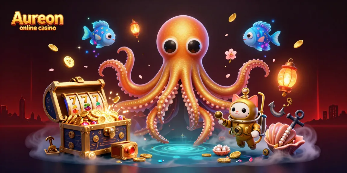 Aureon online casino showcases a vibrant underwater casino world with a kraken, diving cat, and rich gaming elements.