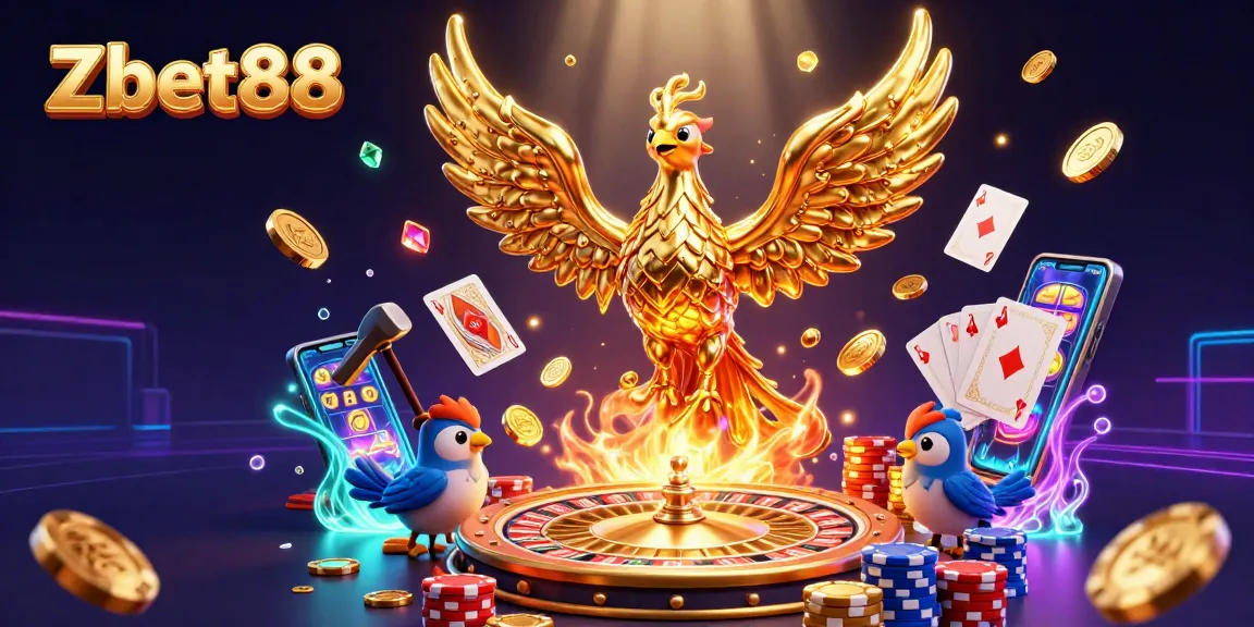 Zbet88 showcases a dynamic 3D casino scene with golden phoenix and game elements enhancing the gaming experience.